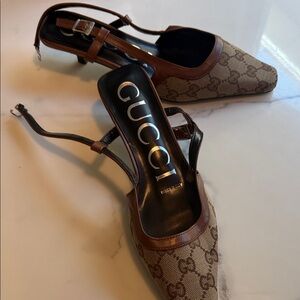 Gucci Brown GG 38 Canvas Slingback Heels